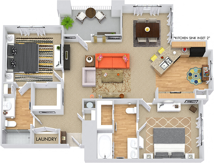Floor plan for 2 beds, 2 baths, 1130 sqft